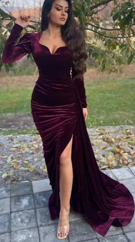 Casual DressElegant Velvet V-neck Long Sleeves Side-slit Mermaid Long Train Prom Dress Y5517