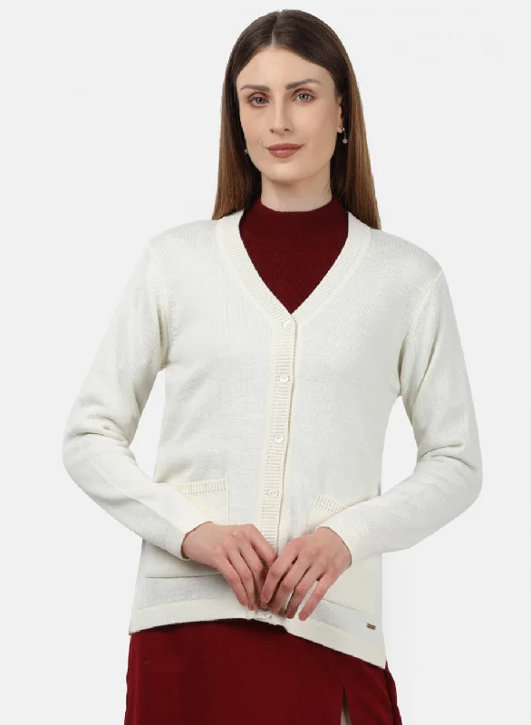 Fashionable Luxurious Chunky SweatersWomen Off White Solid Cardigan