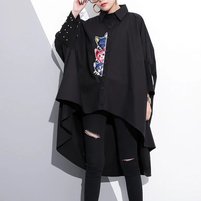 satin women's topsboutique black embroidery cotton tops oversized traveling clothing vintage low high batwing sleeve cotton t shirt