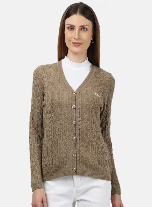 High-Neck SweatersWomen Brown Self Design Cardigan