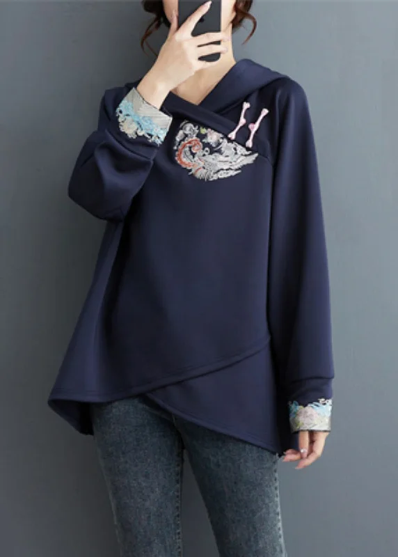 women's tops made from cottonPlus Size Navy Embroidered Patchwork Cotton Sweatshirt Tops Spring