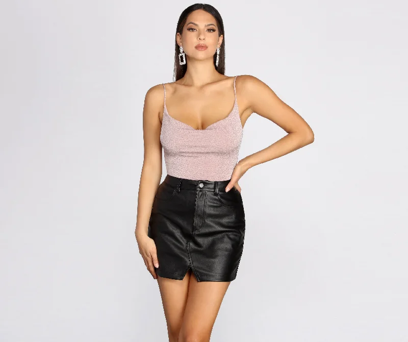 women's tops with lace-up frontsSultry Slinky Cowl Neck Bodysuit