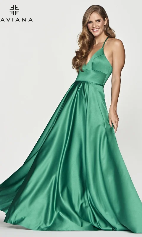 Flowy DressCorset-Back A-Line Long Satin Prom Dress by Faviana