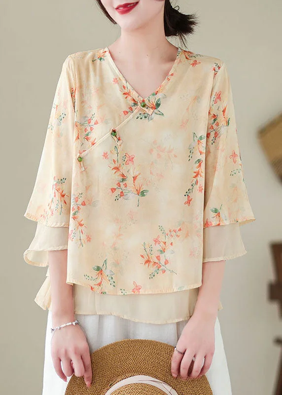 trendy women's topsVintage Apricot V Neck Print Patchwork Chiffon Shirt Top Summer