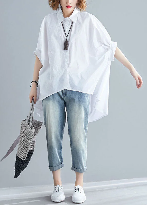 women's tops for those who prefer classic over trendy stylesWhite Patchwork Cotton Shirts Top Asymmetrical Wrinkled Summer