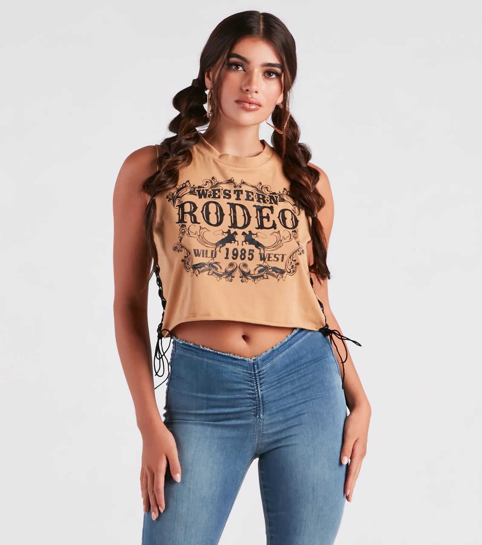 women's tops for evening soireesHit The Rodeo Lace-Up Graphic Tank Top