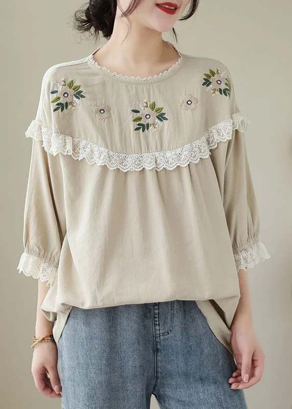 women's tops for those who want to stay on top of the latest fashion trends and wear pieces that are both stylish and on-trendItalian Beige Embroideried Lace Patchwork Cotton T Shirt Tops Summer