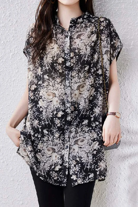 elegant women's topsSkipper Collar Side Slit Flower Print Shirt