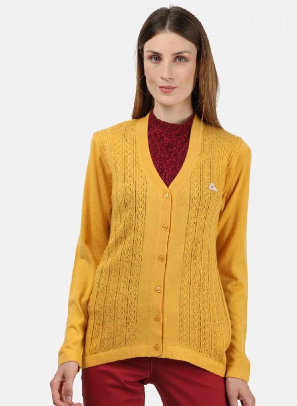 Luxurious Chunky SweatersWomen Yellow Self Cardigan