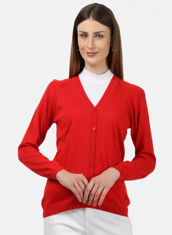 Thick SweatersWomen Red Solid Cardigan