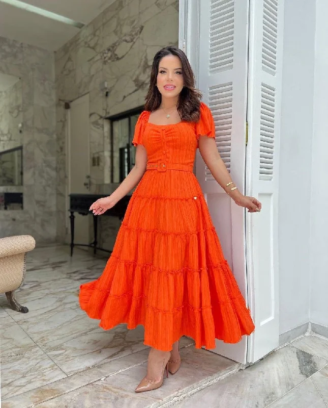 women's shift dressesNew Style A-line Orange Prom Dress With Short Sleeves Y5453