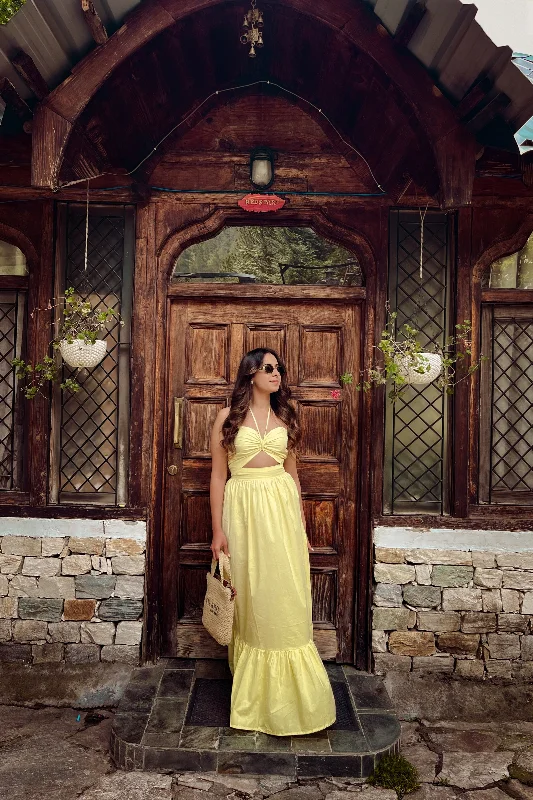 Solid Color DressPenelope Lime Yellow Halter Maxi Dress