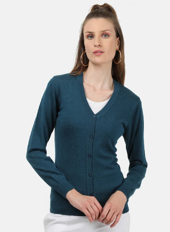 Soft Thick Cashmere SweatersWomen Teal Blue Solid Cardigan