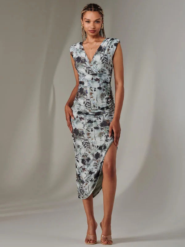 Scoop-Neck DressKatrina Sleeveless Ruched Bodycon Dress, Grey Abstract