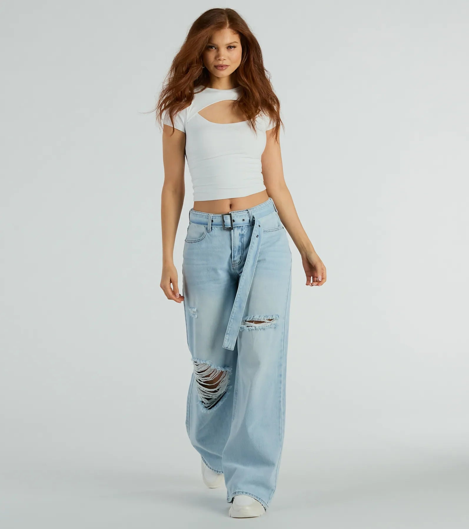 women's denim jeans for a relaxed lookCool Vibes High-Rise Belted Destructed Wide-Leg Jeans