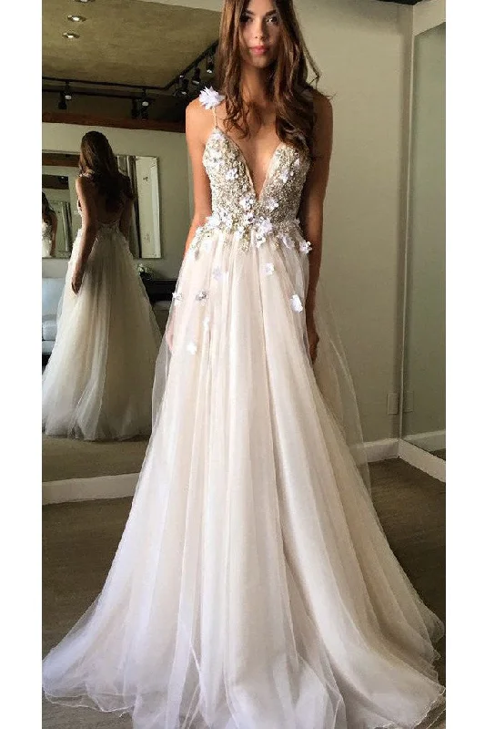 women's cotton dressesFloral Open Back Deep V-neck Straps Tulle Appliques Prom Dresses Wedding Dress OK180