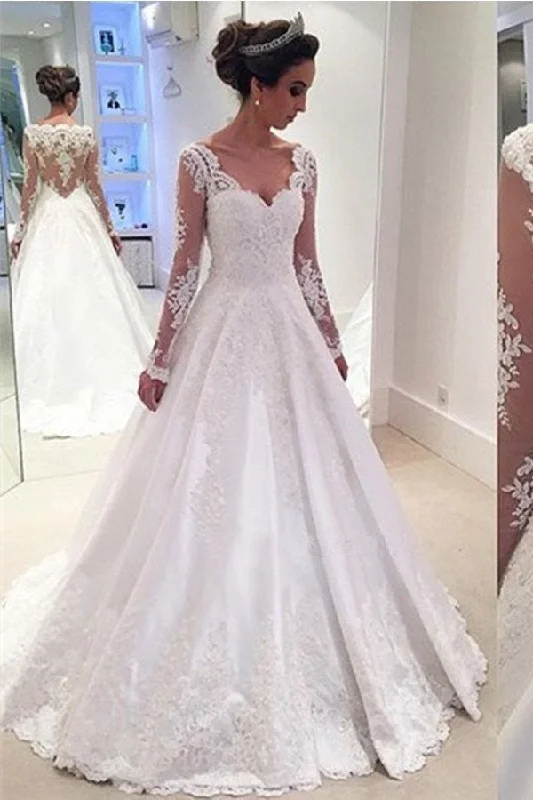 women's neon dressesLong Sleeves Lace A-line High Low Long White V-neck Wedding Dress W31