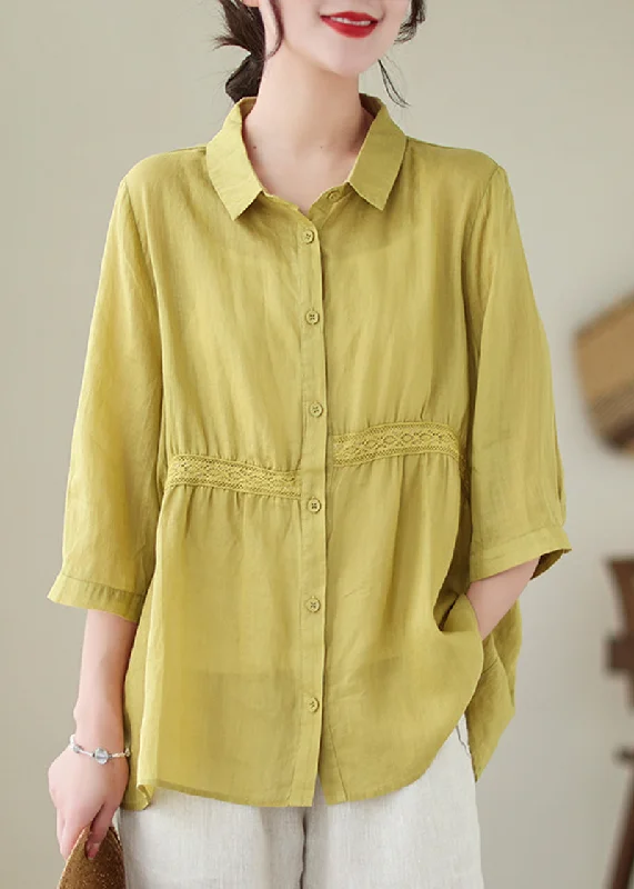 satin women's topsOrganic Yellow Green Peter Pan Collar Lace Patchwork Cotton Shirts Half Sleeve