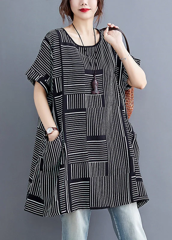 women's tops for beach outingsBeautiful Black Striped PatchworkLinen T Shirt Short Sleeve