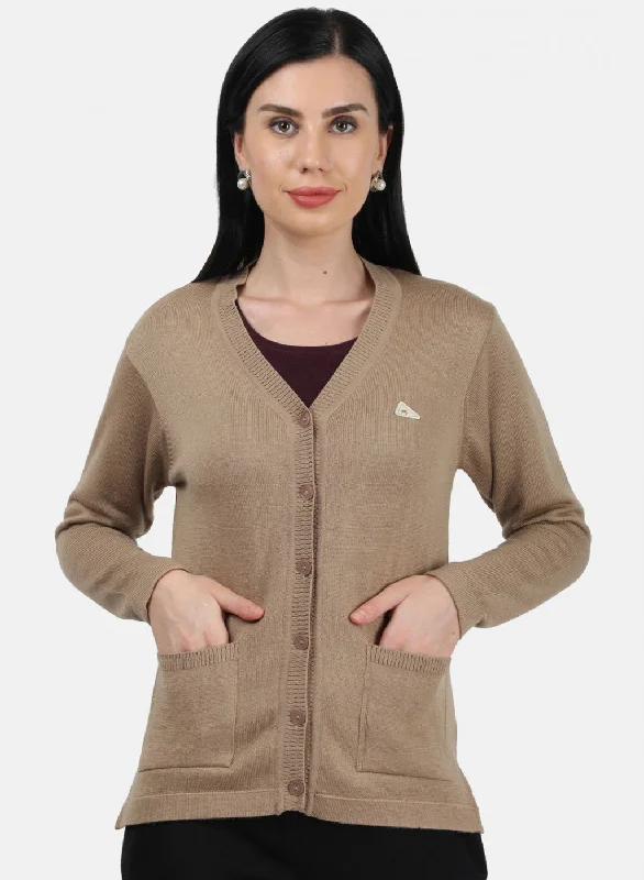 Flannel Knitted Crewneck SweatersWomen Brown Solid Cardigan