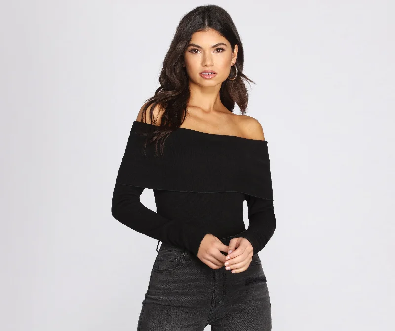 women's tops with sheer overlaysOff The Shoulder Fitted Knit Bodysuit