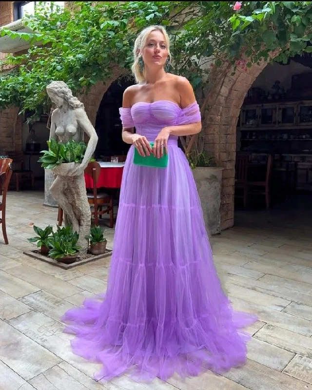 women's cotton dressesA Line Purple Off the Shoulder Formal Evening Gowns Tulle Long Prom Dresses Y2198