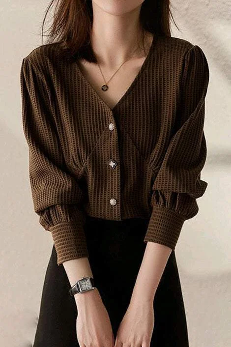 women's tops for those who want to wear versatile pieces that can be dressed up or downolid Color V-Neck Single-Breasted Shirt