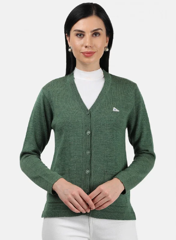 Chunky SweatersWomen Green Melange Solid Cardigan