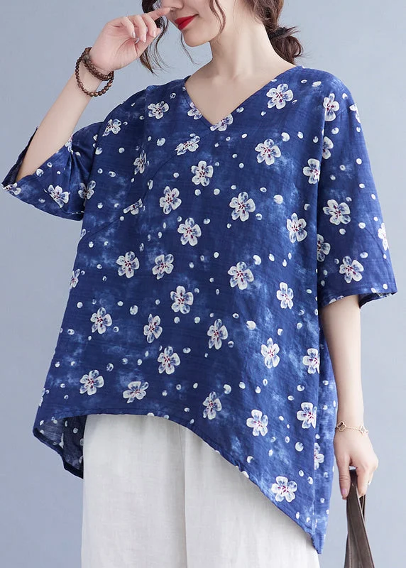 women's tops for those who want to invest in timeless piecesWomen Blue Oversized Print Low High Design Linen Tank Tops Summer