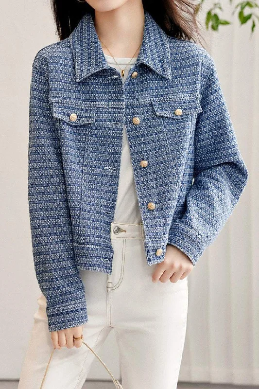 Shirt Collar Border Pattern Short Denim Jacket