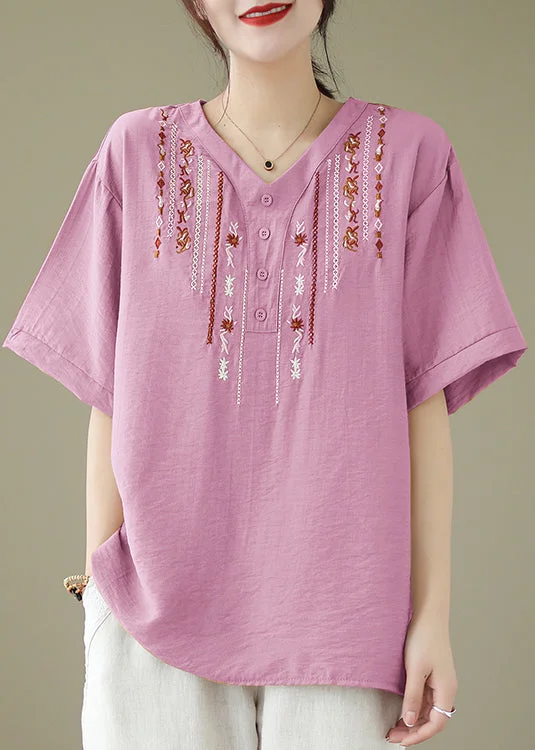 women's tops for those who love to dress up their casual looks with stylish topsWomen Pink V Neck Embroideried Cotton Tops Summer