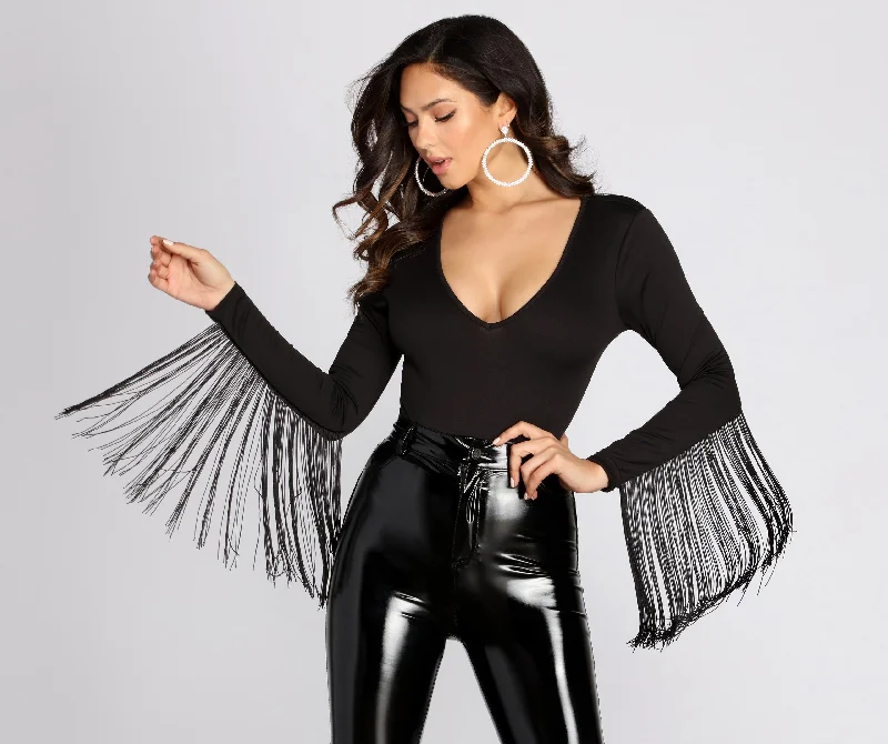 women's tops for those who prefer classic over trendy stylesStevie Fringe Long Sleeve Bodysuit