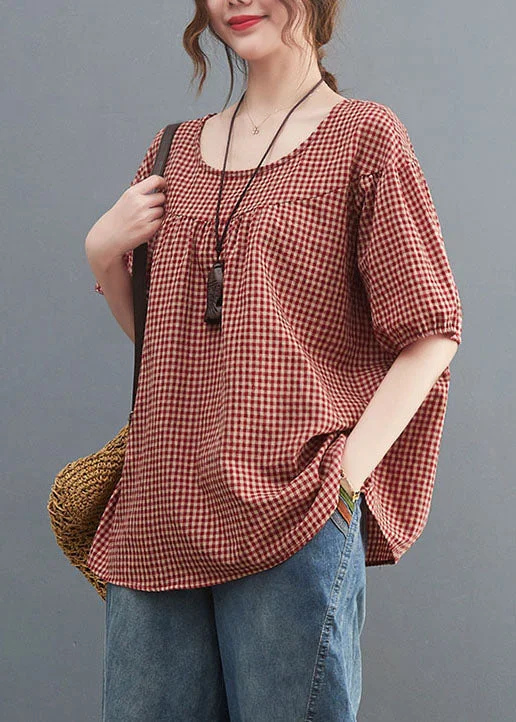 women's tops for those who want to add a pop of color to their outfitsHandmade Red Plaid O Neck Patchwork Cotton T Shirt Top Short Sleeve