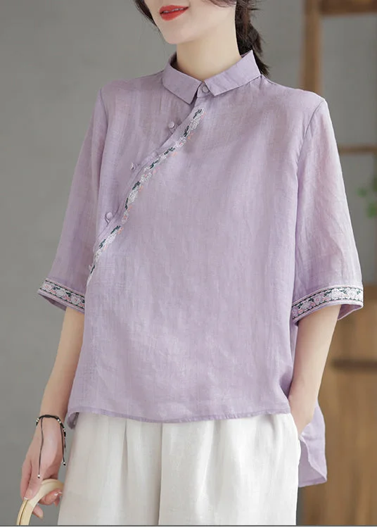 chic women's tops for everyday wearVintage Purple Embroideried Linen Shirt Half Sleeve