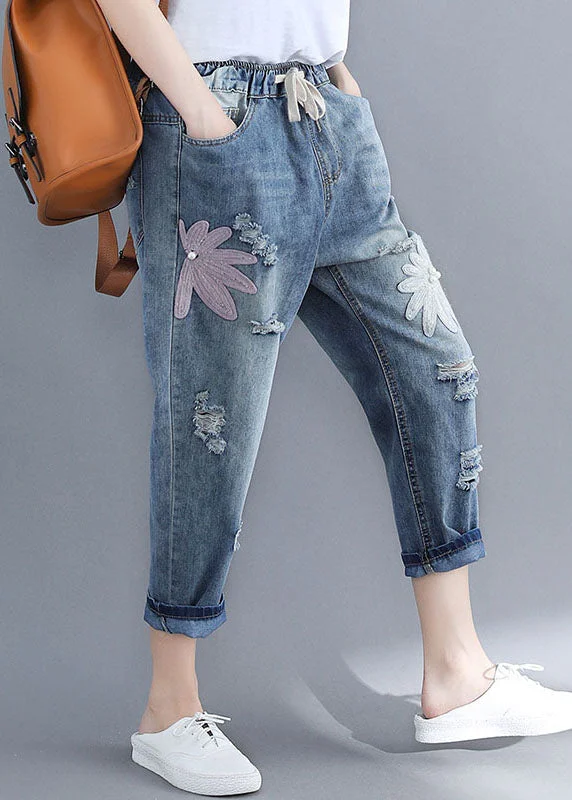 women's white denim jeansLoose Blue Pockets Nail Bead Elastic Waist Patchwork Ripped Jeans Summer