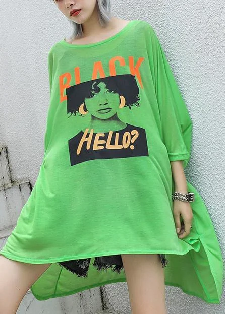 spaghetti strap women's topsStyle green print cotton box top o neck Cinched oversized summer top