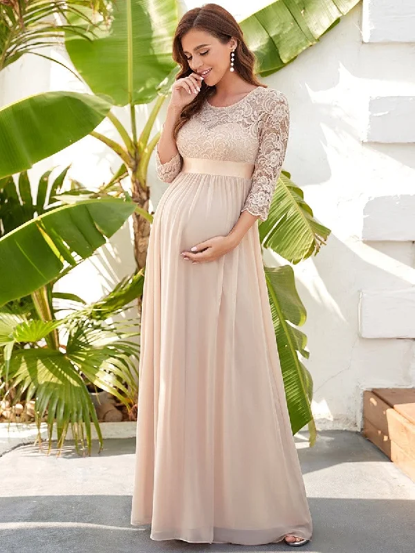 Half Sleeves Round Neck V Back Embroidered Maternity Formal Dress