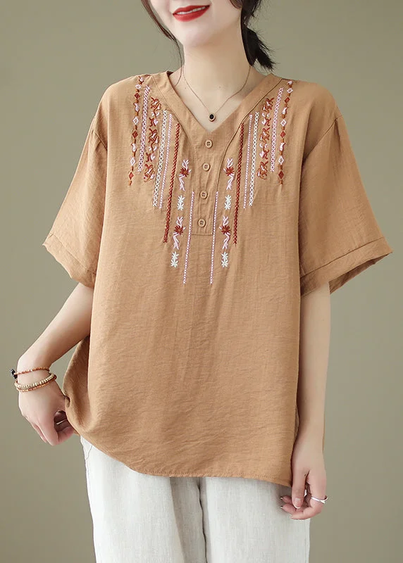 women's tops for those who love bold and vibrant colorsCasual Khaki Oversized Embroideried Cotton Blouse Tops Summer