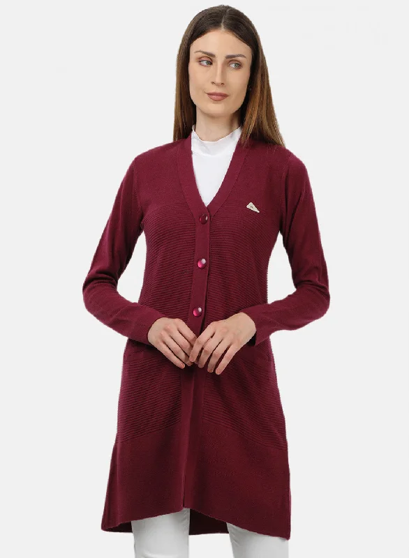 Patterned SweatersWomen Maroon Self Design Cardigan