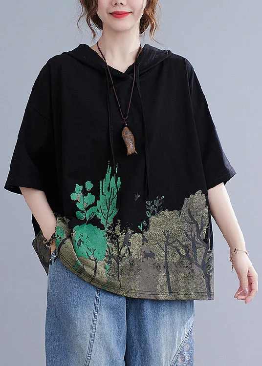 women's tops for those who want to add a bit of flair and personality to their looksPlus Size Black Hooded Print Cotton Sweatshirt Summer