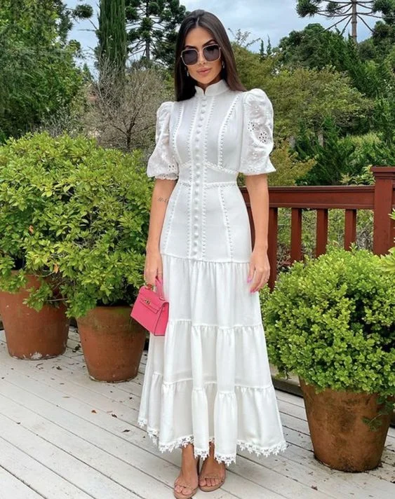 Halter DressWomen Stand Collar Short Puff Sleeve High Waist Patchwork Lace Long Dresses,White Prom Dress Y5478