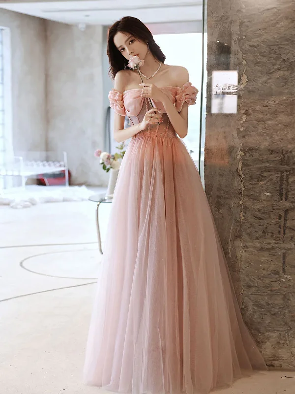 Bow-Tie DressPink Sweetheart Neck Tulle Beads Long Prom Dress, Pink Evening Dress,Y2406