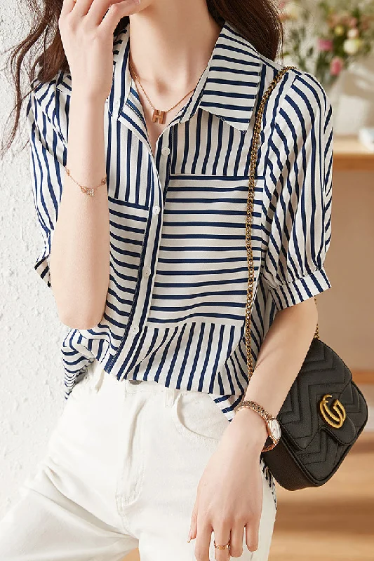 striped women's topsStriped Docking Gathered Short Sleeve Shirt