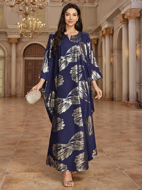 women's unique dressesVibrant Tribal Print Notched Neck Maxi Kaftan Dress - Loose Fit, Micro Elastic Polyester, Elegant Batwing Sleeve, Random Pattern, Middle Eastern Style, Spring to Fall Wear