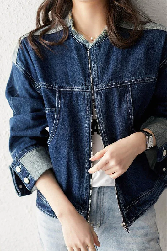 Damage Contrast Zip Denim Jacket