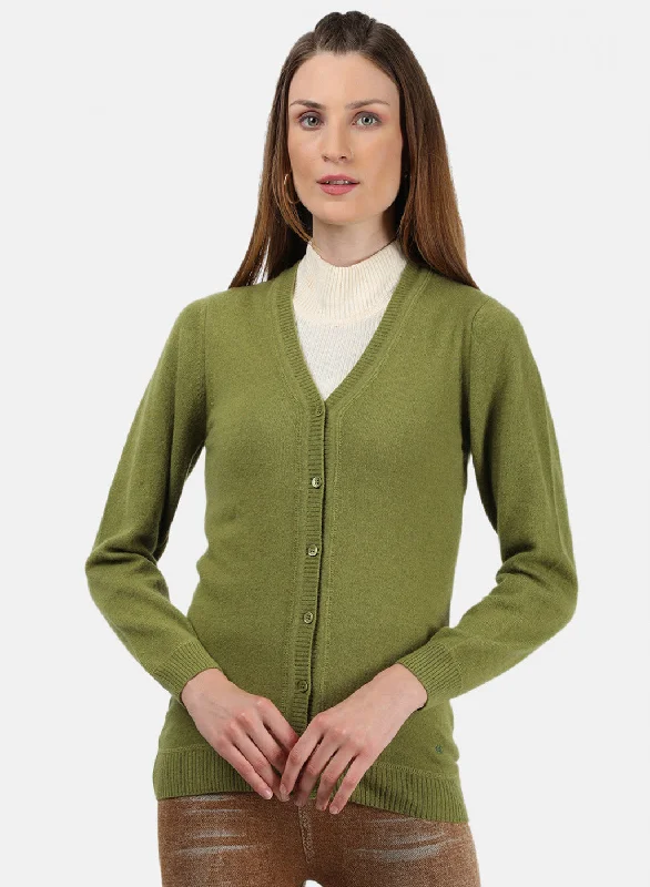 Fitted High-Quality Wool SweatersWomen Green Solid Cardigan