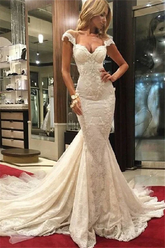 Trumpet DressSexy Mermaid Lace Wedding Dress Cap Sleeves Appliques Bridal Gowns OK106