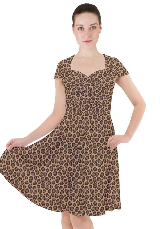 Sweetheart Neckline DressLeopard Cap Sleeve Midi Dress With Pockets