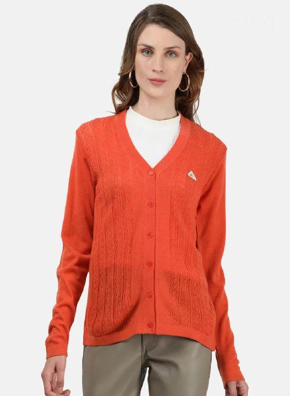 Oversized Cardigan SweatersWomen Orange Self Cardigan