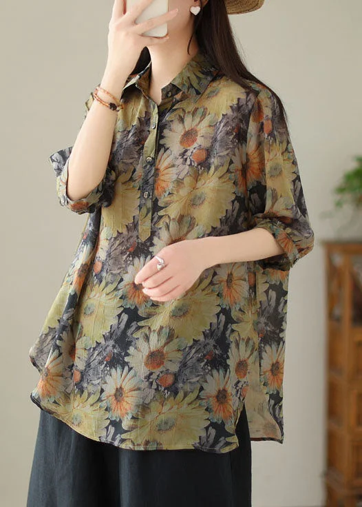 women's tops for those who want to wear pieces that are both comfortable and stylishYellow Print Patchwork Cotton Top Peter Pan Collar Button Summer